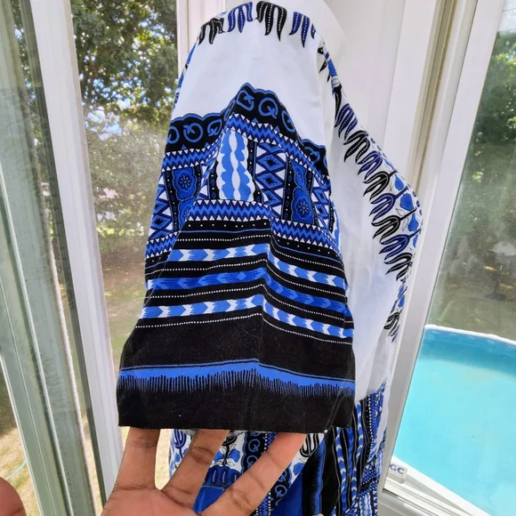 Blue & White Traditional Print Short Sleeve Cotton Dashiki Tunic Shirt Unisex - Picture 10 of 15